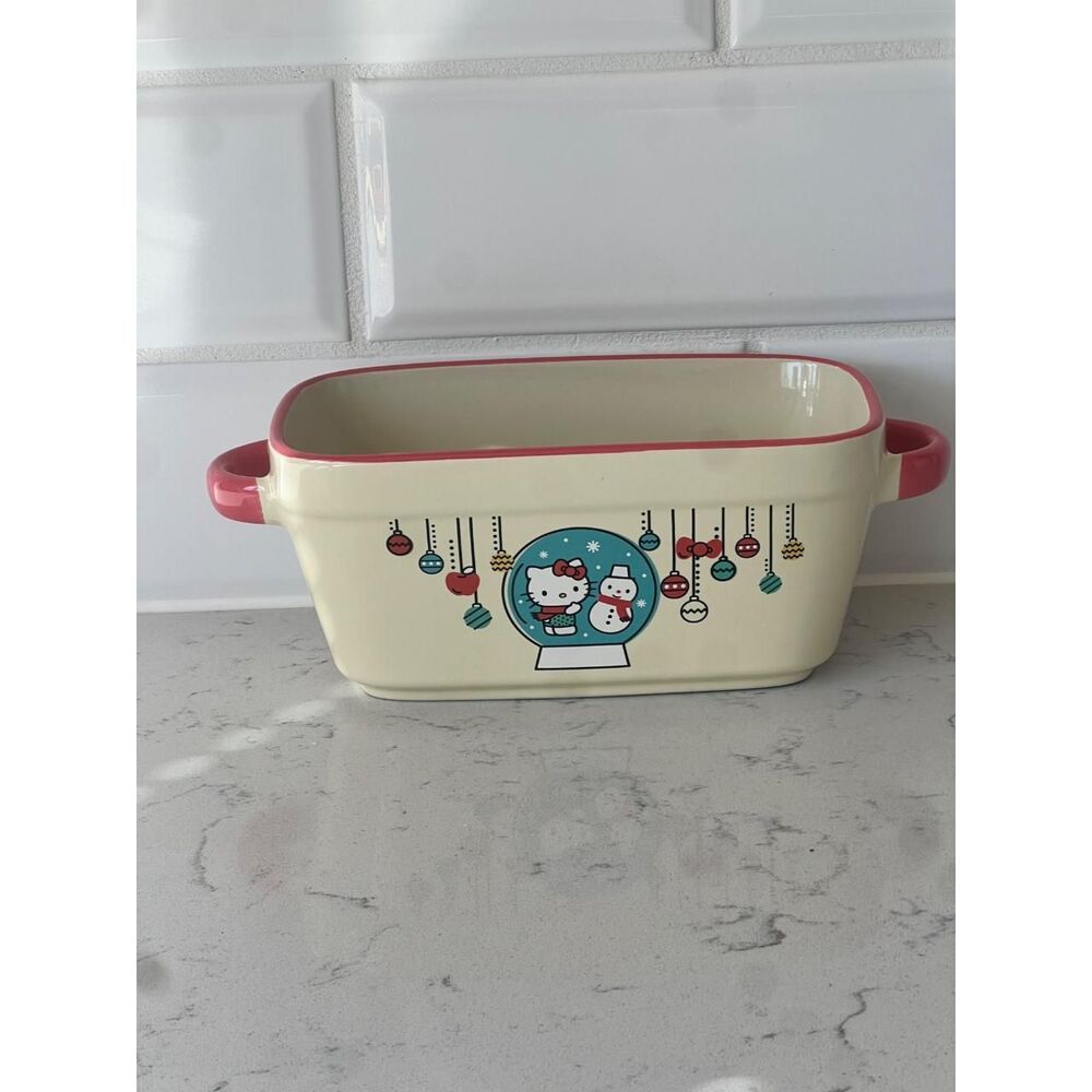 Hello Kitty Christmas Loaf Baking Pan Ceramic 9"x5" Let it Snow Ornaments Sanrio